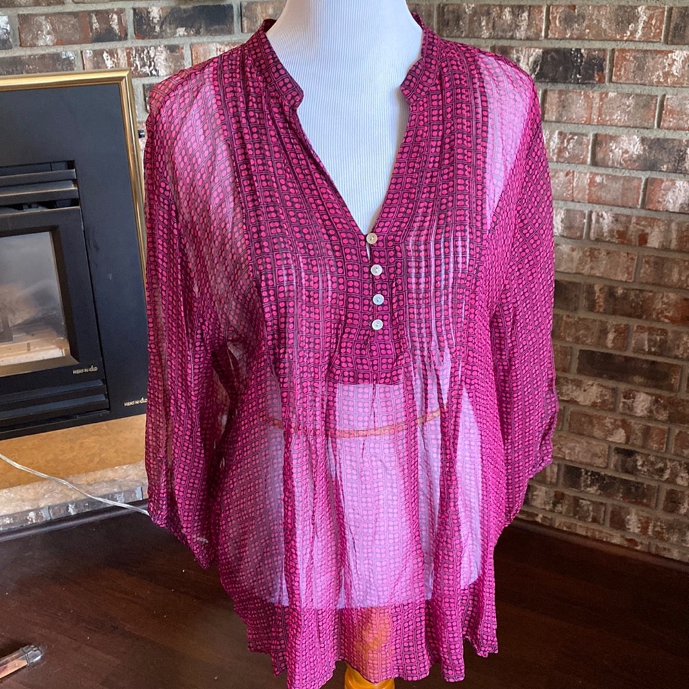 CHICOS (?) vibrant and sheer top with mandarin collar. No tags - believe size XL